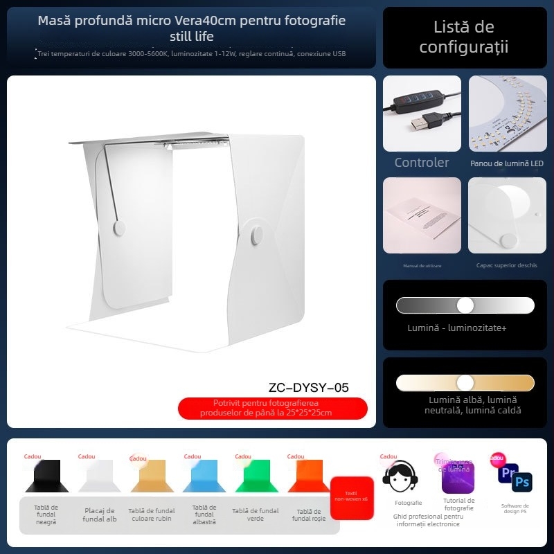 Mini studio foto cu folie PP ecologică și LED, model Zc-dysy-04, 40×40×40 cm, 730 g
