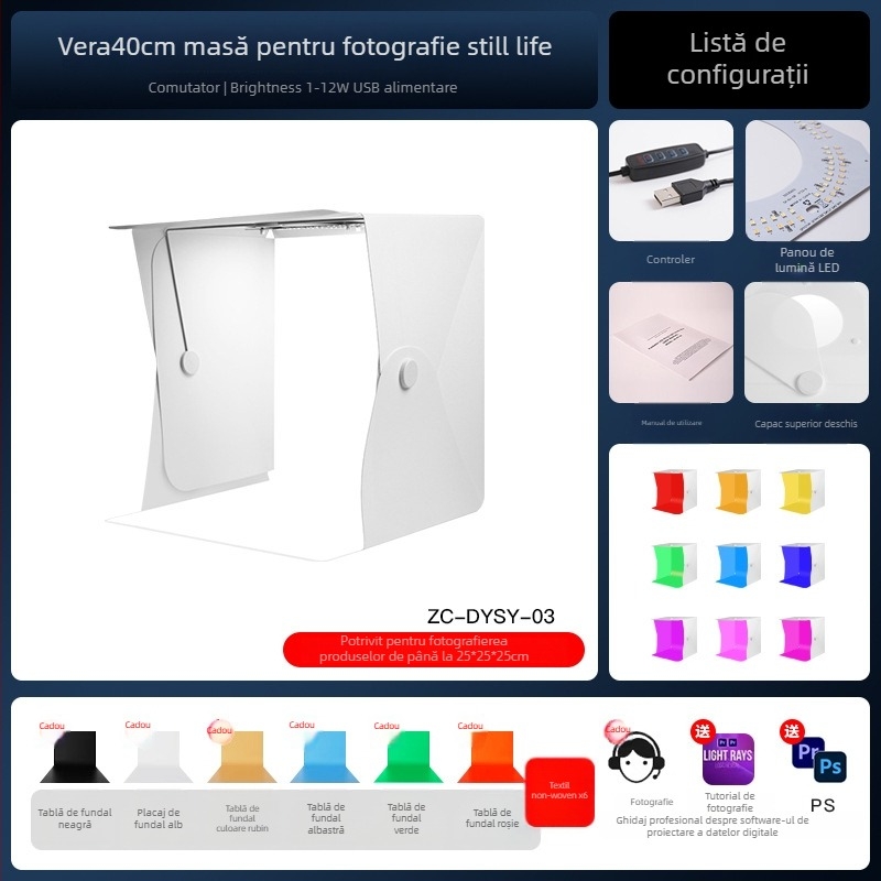 Mini studio foto cu folie PP ecologică și LED, model Zc-dysy-04, 40×40×40 cm, 730 g
