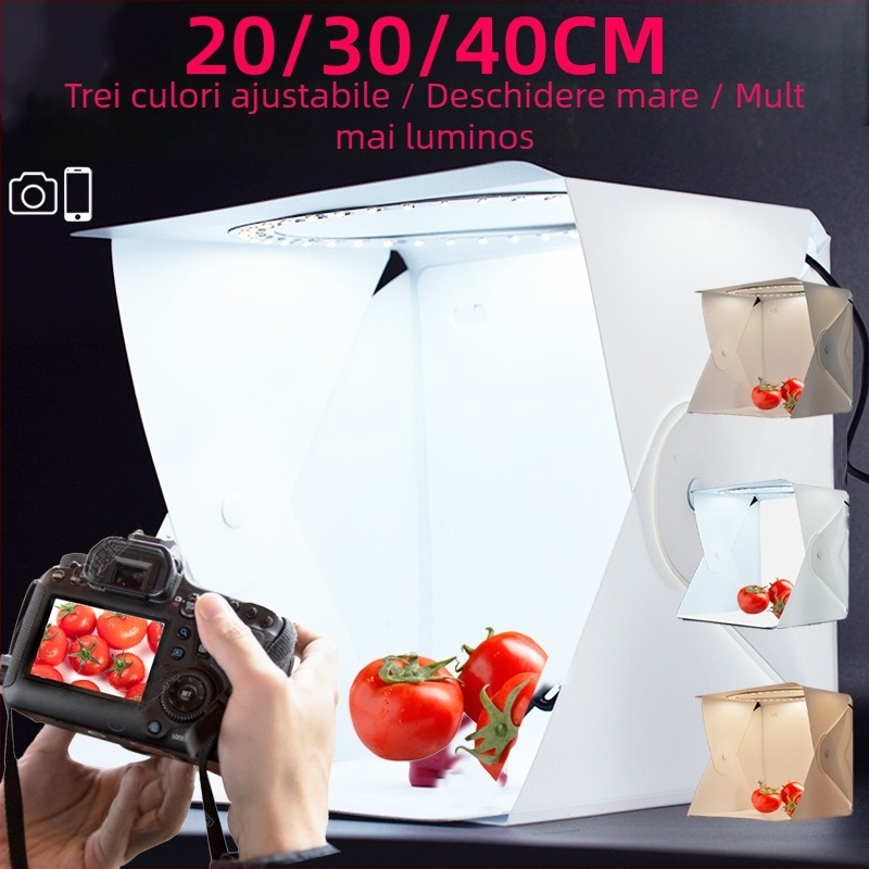 Studio mini pentru fotografiere bijuterii: inel de lumină de 20 cm, corp PVC, cutie de lumină difuză