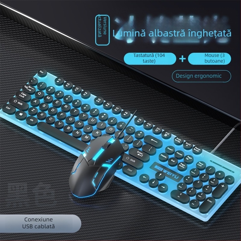 Set tastatură cu cablu Punk keycap și mouse RGB, 104 taste, USB, cablu de 1.3 m, ergonomic, logo imprimabil, mouse optic 1000dpi