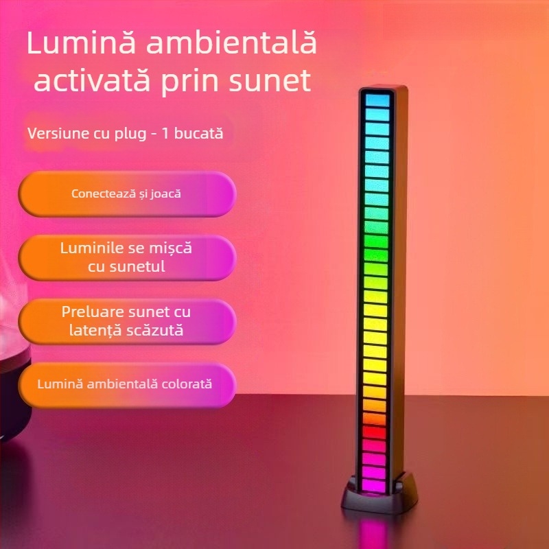 Lampă de birou pentru PC cu lumină ambientală activată de sunet și ritm LED pentru muzică, instalare pe masă