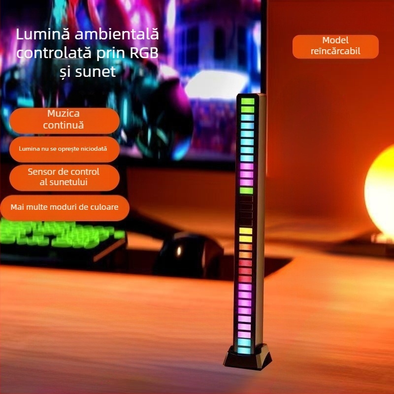Lampă de birou pentru PC cu lumină ambientală activată de sunet și ritm LED pentru muzică, instalare pe masă