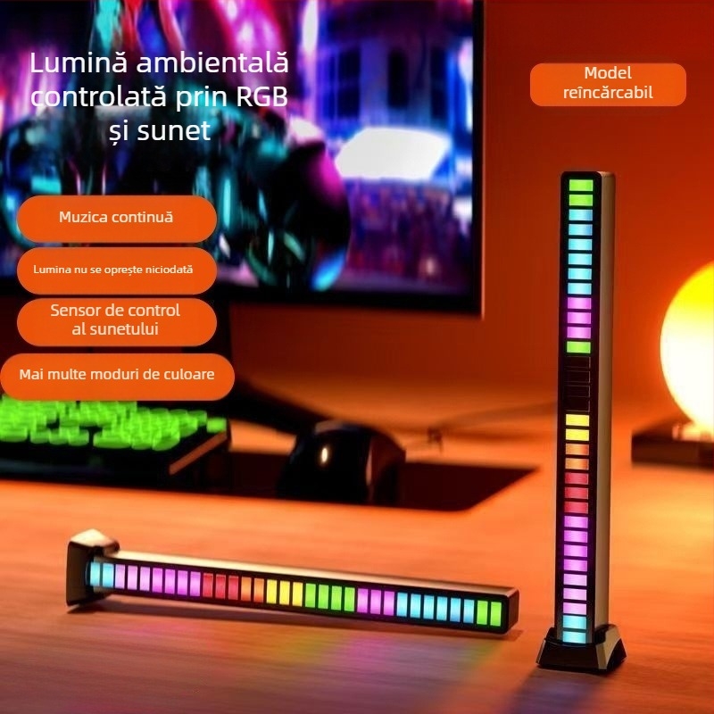 Lampă de birou pentru PC cu lumină ambientală activată de sunet și ritm LED pentru muzică, instalare pe masă