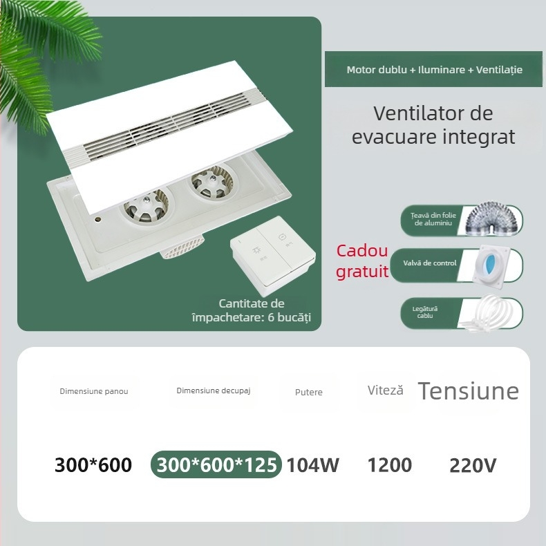 Ventilator de ventilație încorporat în tavan, DX-H600-17, 220V, 64W, iluminare silențioasă, 2 în 1 ventilație