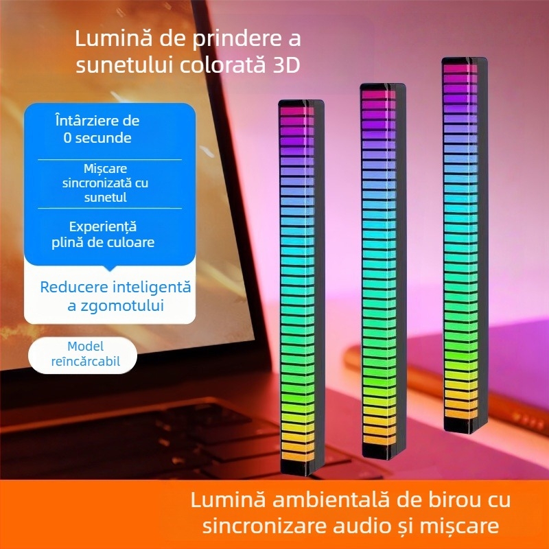 Lumină LED ambientală pentru interiorul mașinii 3D cu control vocal și lumină ritmică, model L026, montaj cu benzi adezive invizibile