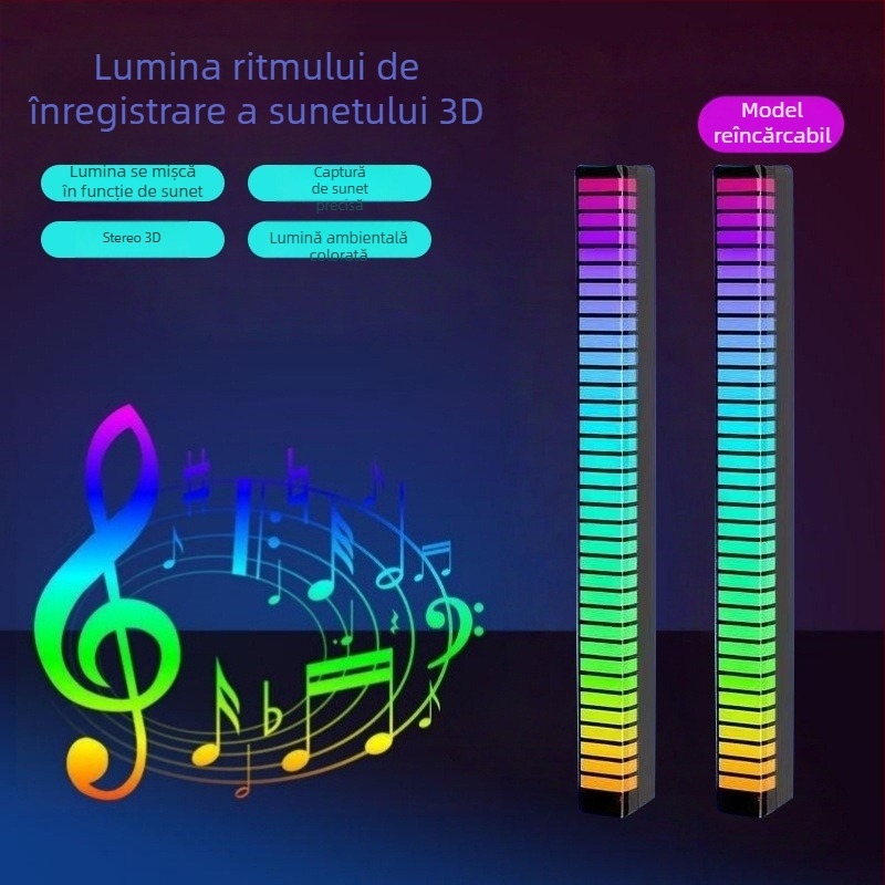 Lumină LED ambientală pentru interiorul mașinii 3D cu control vocal și lumină ritmică, model L026, montaj cu benzi adezive invizibile