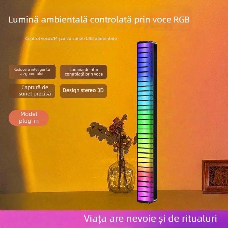 Lumină LED ambientală pentru interiorul mașinii 3D cu control vocal și lumină ritmică, model L026, montaj cu benzi adezive invizibile