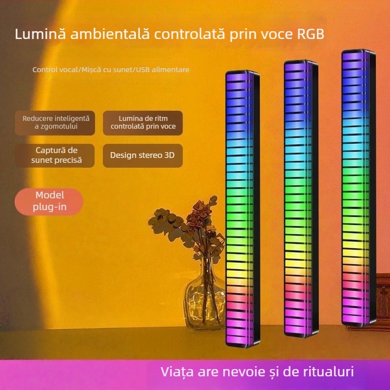 Lumină LED ambientală pentru interiorul mașinii 3D cu control vocal și lumină ritmică, model L026, montaj cu benzi adezive invizibile