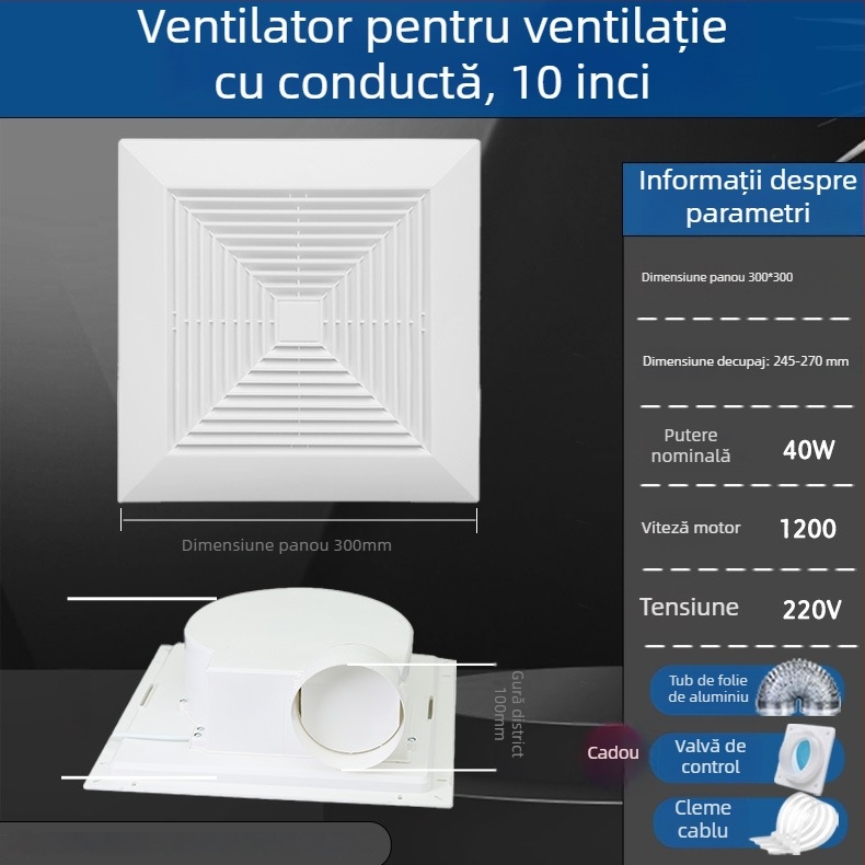 Ventilator de ventilație conductat pentru bucătărie și baie, montaj în tavan suspendat, 220V, 40W