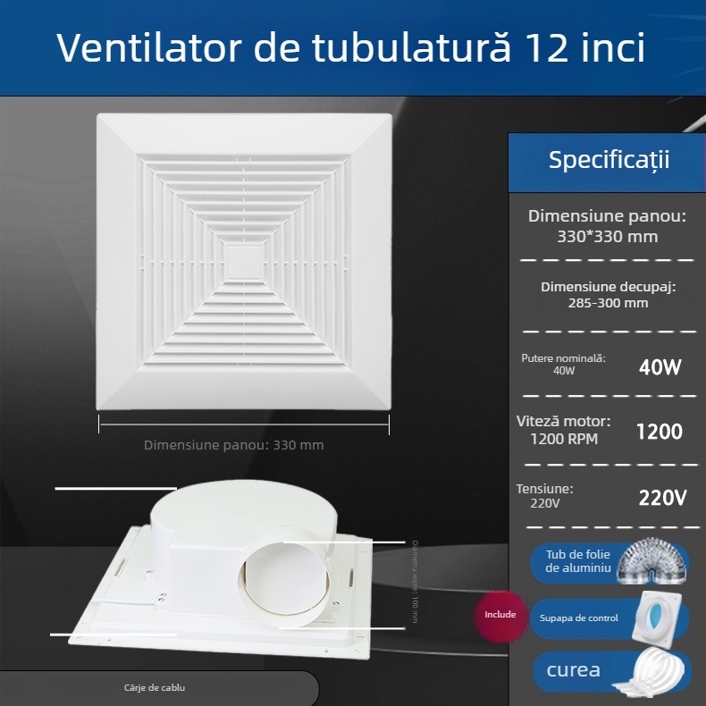 Ventilator de ventilație conductat pentru bucătărie și baie, montaj în tavan suspendat, 220V, 40W