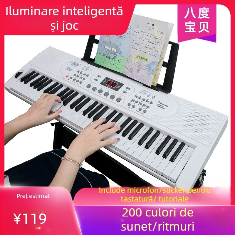 Pian electronic portabil pentru începători, cu difuzoare duale și microfon, 61 de clape, compatibil cu stativ