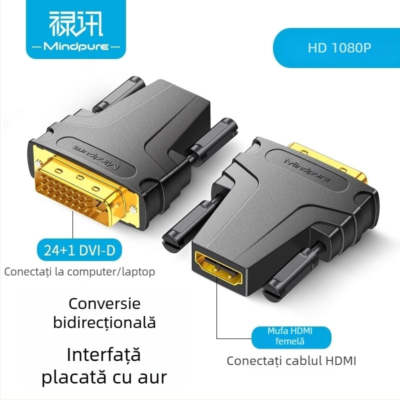 Convertor DVI către HDMI | adaptor HDMI masculin la DVI feminin, model Ad048, contacte placate cu aur, nucleu de cupru, transfer de date 60 Hz