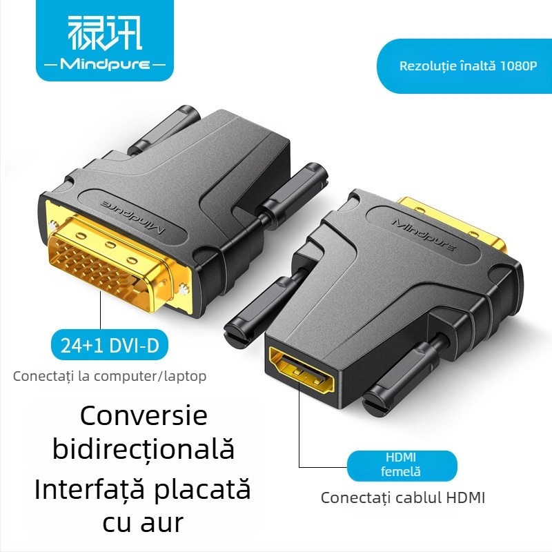 Convertor DVI către HDMI | adaptor HDMI masculin la DVI feminin, model Ad048, contacte placate cu aur, nucleu de cupru, transfer de date 60 Hz