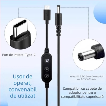 Cablu Type-C către DC, multifuncțional, tensiune reglabilă 9V/12V/18V/21V, buton dublu, nucleu de cupru, lungime 1,2 m