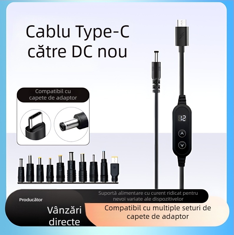 Cablu Type-C către DC, multifuncțional, tensiune reglabilă 9V/12V/18V/21V, buton dublu, nucleu de cupru, lungime 1,2 m