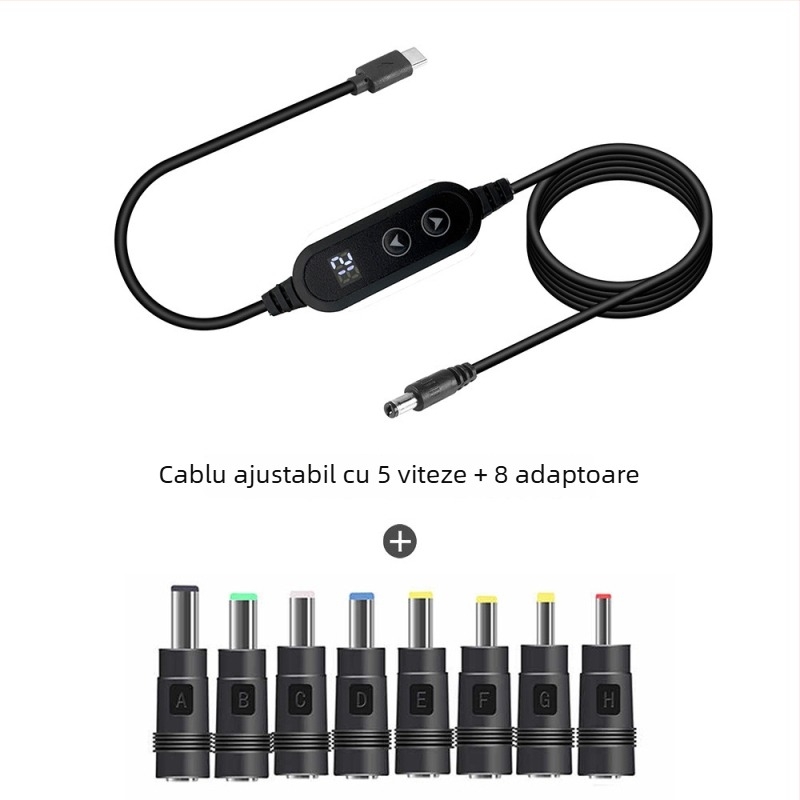 Cablu Type-C către DC, multifuncțional, tensiune reglabilă 9V/12V/18V/21V, buton dublu, nucleu de cupru, lungime 1,2 m