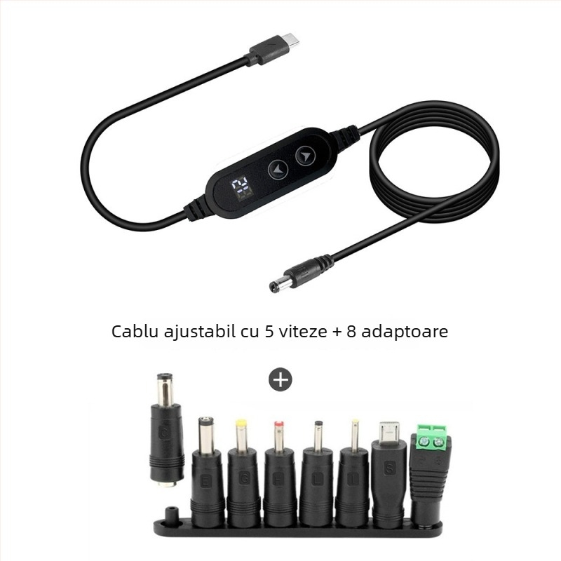 Cablu Type-C către DC, multifuncțional, tensiune reglabilă 9V/12V/18V/21V, buton dublu, nucleu de cupru, lungime 1,2 m