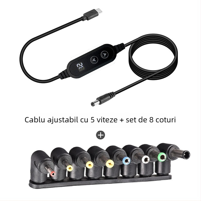 Cablu Type-C către DC, multifuncțional, tensiune reglabilă 9V/12V/18V/21V, buton dublu, nucleu de cupru, lungime 1,2 m