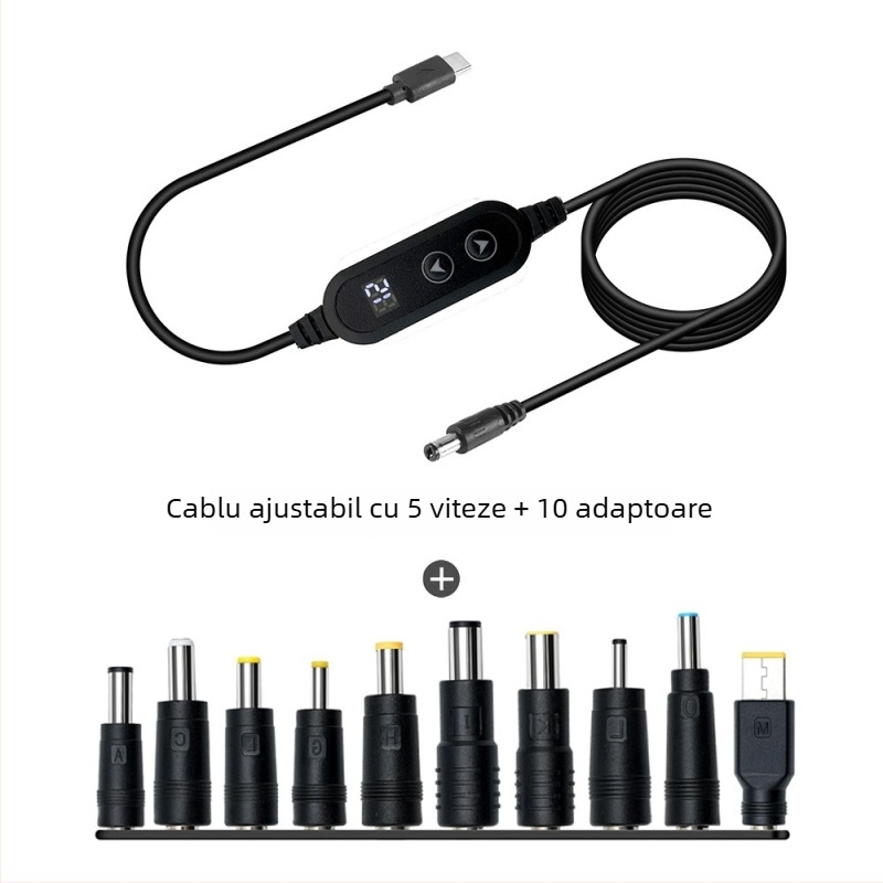 Cablu Type-C către DC, multifuncțional, tensiune reglabilă 9V/12V/18V/21V, buton dublu, nucleu de cupru, lungime 1,2 m