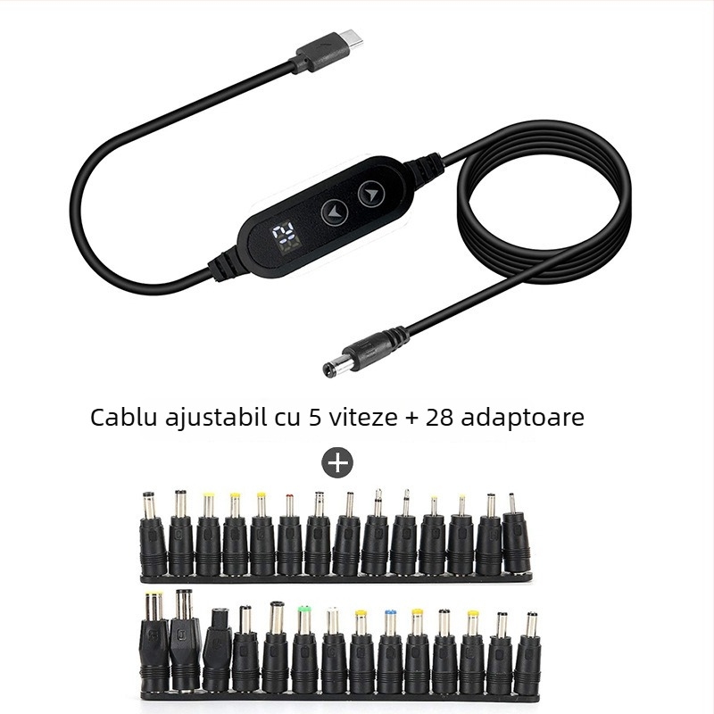 Cablu Type-C către DC, multifuncțional, tensiune reglabilă 9V/12V/18V/21V, buton dublu, nucleu de cupru, lungime 1,2 m