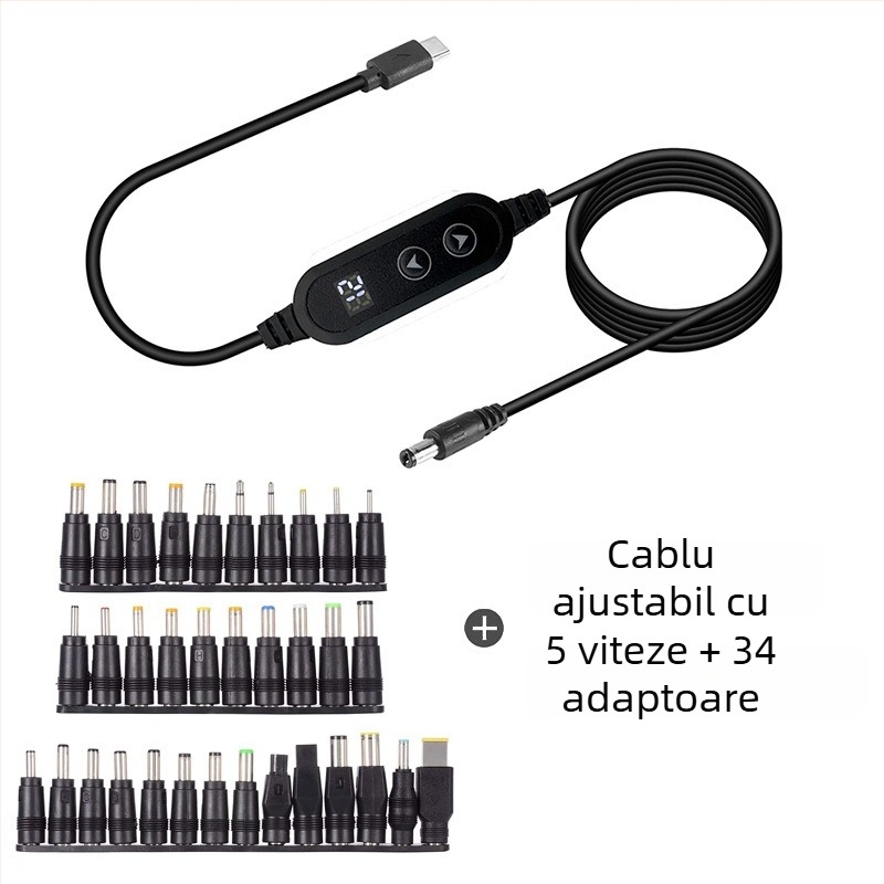 Cablu Type-C către DC, multifuncțional, tensiune reglabilă 9V/12V/18V/21V, buton dublu, nucleu de cupru, lungime 1,2 m