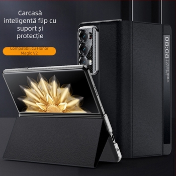 Carcasă din piele cu suport pentru Honor MagicV2, husă magnetică pliabilă cu fereastră inteligentă de somn