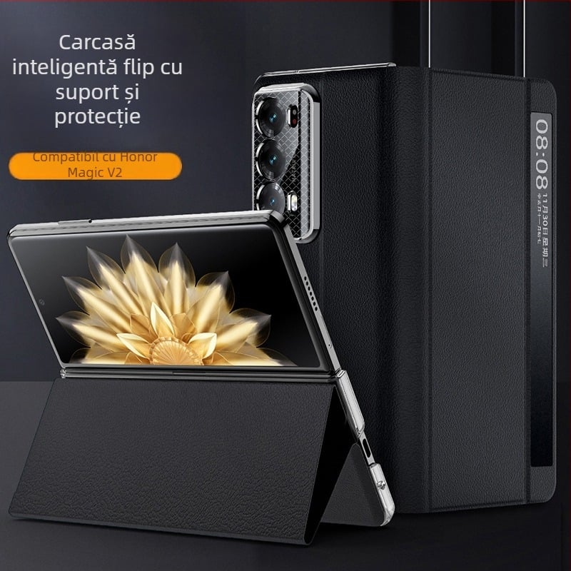 Carcasă din piele cu suport pentru Honor MagicV2, husă magnetică pliabilă cu fereastră inteligentă de somn