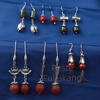 Cercei din argint 925 – design geometric cu boboc floral, cinnabar jasper și agat, stil retro etnic pentru femei