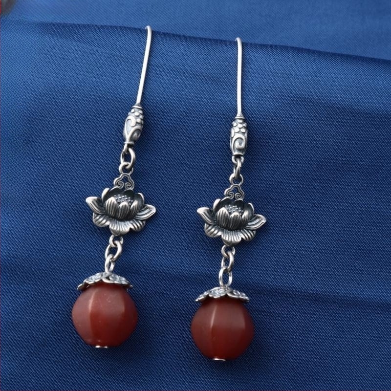 Cercei din argint 925 – design geometric cu boboc floral, cinnabar jasper și agat, stil retro etnic pentru femei