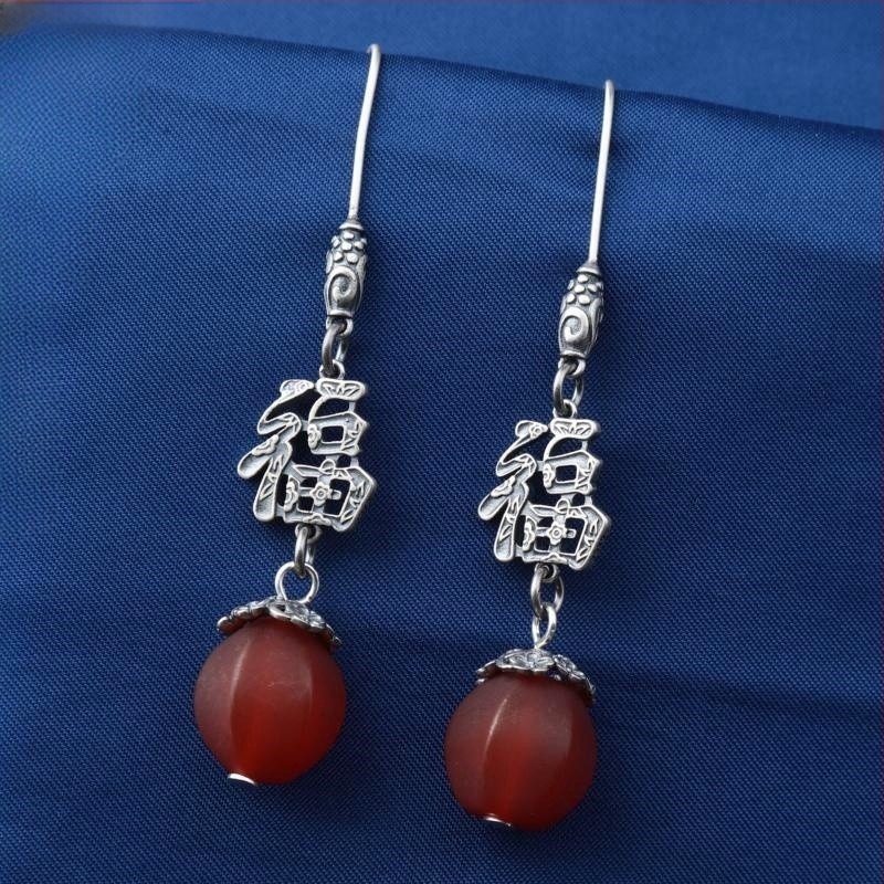 Cercei din argint 925 – design geometric cu boboc floral, cinnabar jasper și agat, stil retro etnic pentru femei