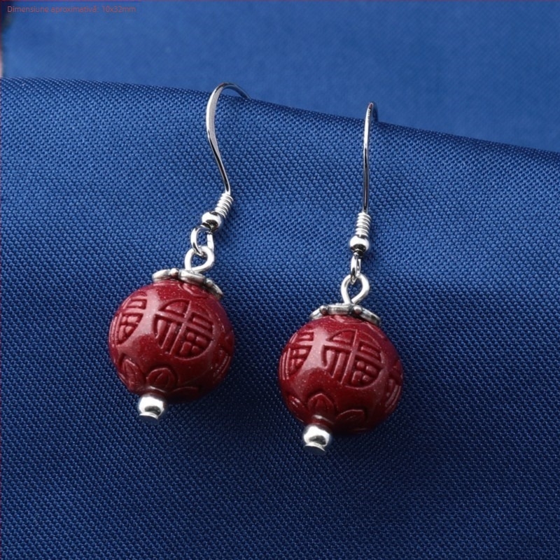 Cercei din argint 925 – design geometric cu boboc floral, cinnabar jasper și agat, stil retro etnic pentru femei