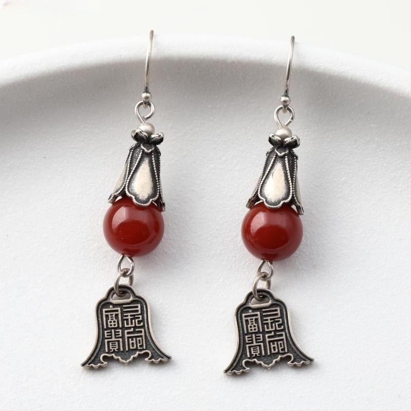 Cercei din argint 925 – design geometric cu boboc floral, cinnabar jasper și agat, stil retro etnic pentru femei