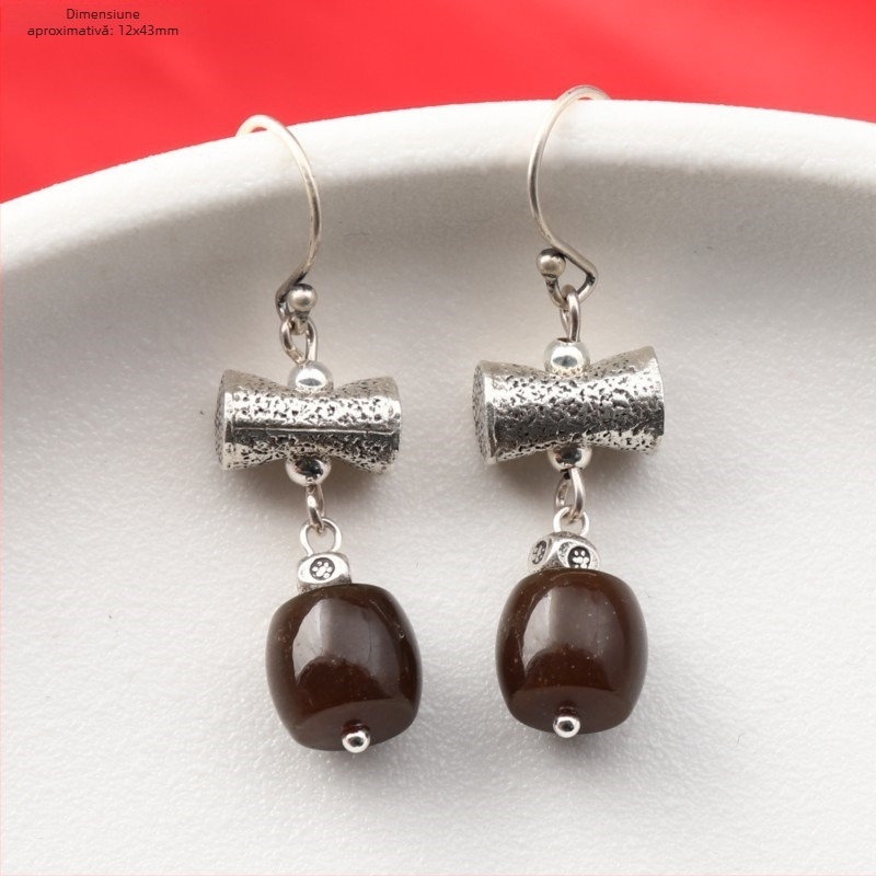 Cercei din argint 925 – design geometric cu boboc floral, cinnabar jasper și agat, stil retro etnic pentru femei