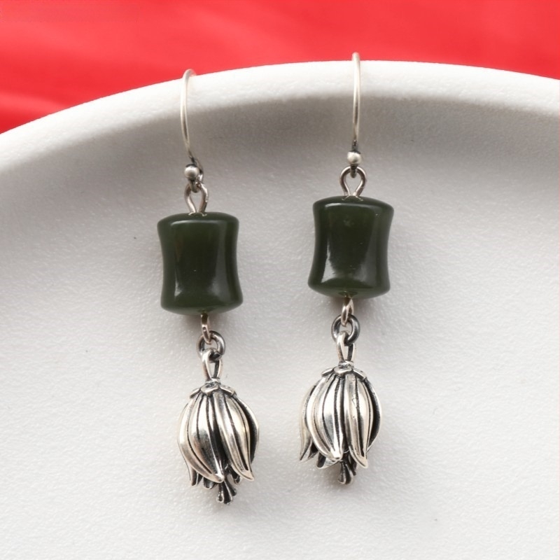 Cercei din argint 925 – design geometric cu boboc floral, cinnabar jasper și agat, stil retro etnic pentru femei