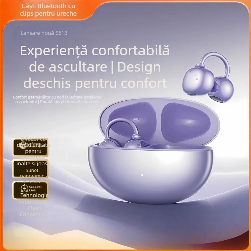 Cască Bluetooth clip-on cu conductivitate osoasă, design deschis pentru urechi, stereo bilateral, Bluetooth 6.0, autonomie 4–8 ore