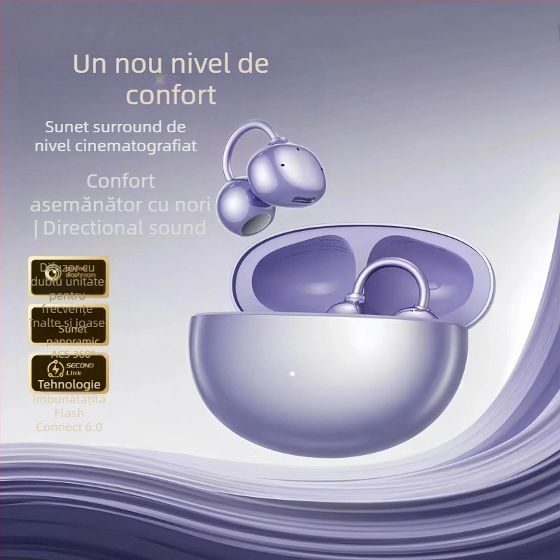 Cască Bluetooth clip-on cu conductivitate osoasă, design deschis pentru urechi, stereo bilateral, Bluetooth 6.0, autonomie 4–8 ore