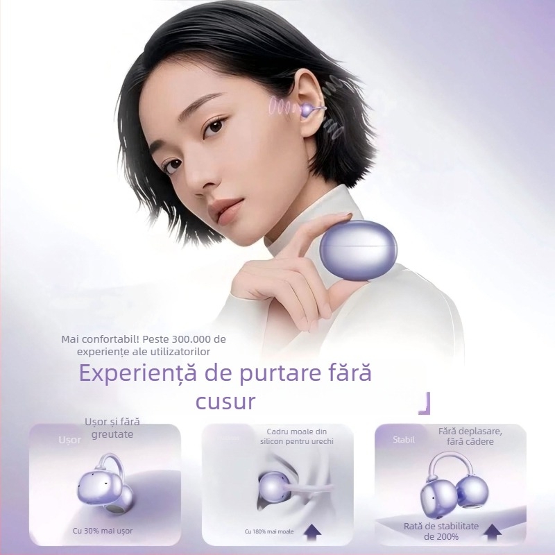 Cască Bluetooth clip-on cu conductivitate osoasă, design deschis pentru urechi, stereo bilateral, Bluetooth 6.0, autonomie 4–8 ore