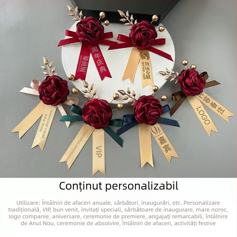 Coroană magnetică cu floare de mătase și logo-ul companiei, atașare adezivă; potrivită pentru ceremoniile de deschidere și ca cadou de afaceri, cadou promoțional, cadou pentru întâlniri.