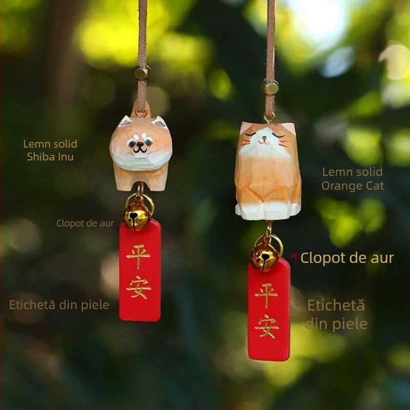 Pandantiv auto din lemn, cu motif pisică și Shiba Inu — design minimalist, Brand 888, Material lemn, Destinație: decor interior auto