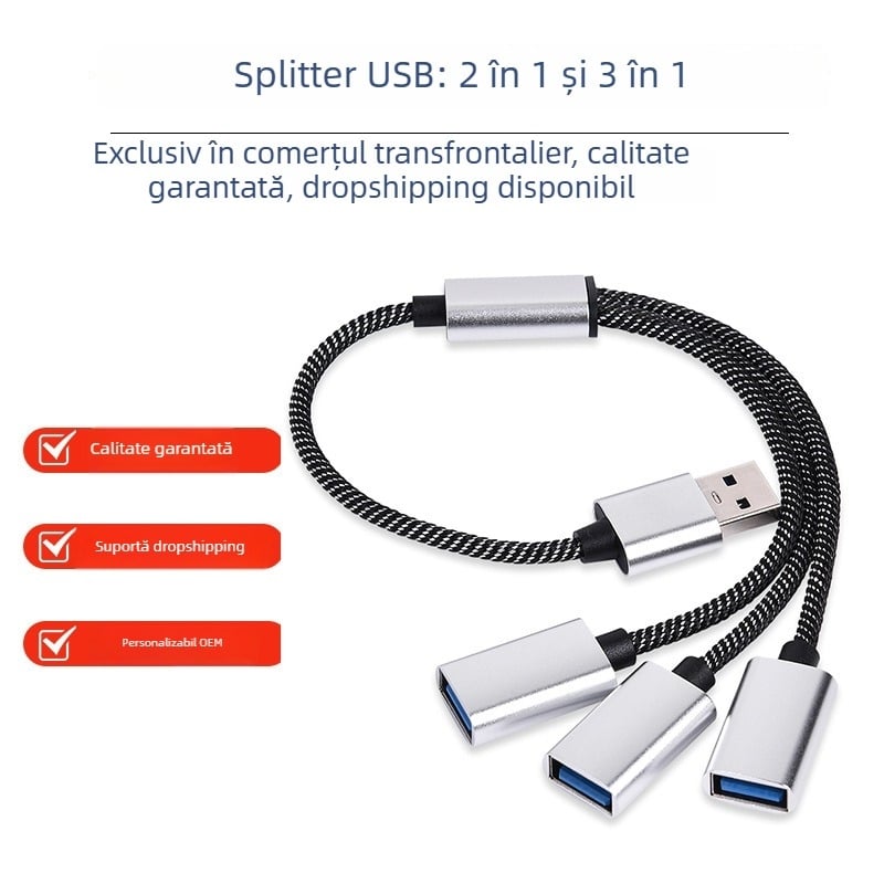 Divizor USB-C cu 3 porturi, USB 2.0, 480 Mbps, lungimi de cablu: 30 cm, 50 cm sau 1 m, Model H-111