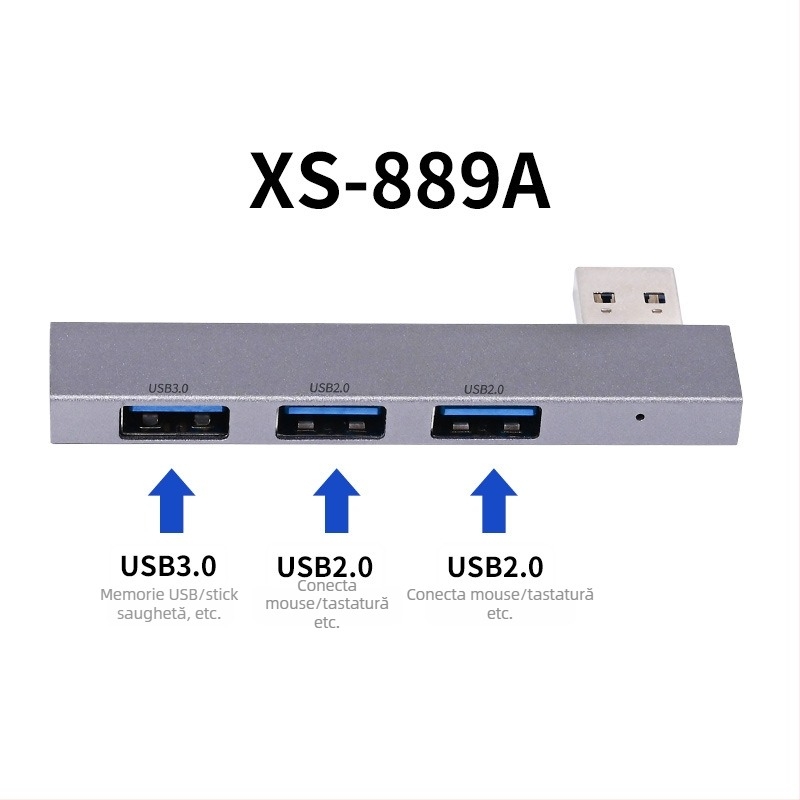 Hub USB 3.0 XS-889a, 3 porturi, transfer USB 2.0/3.0, fără alimentare externă