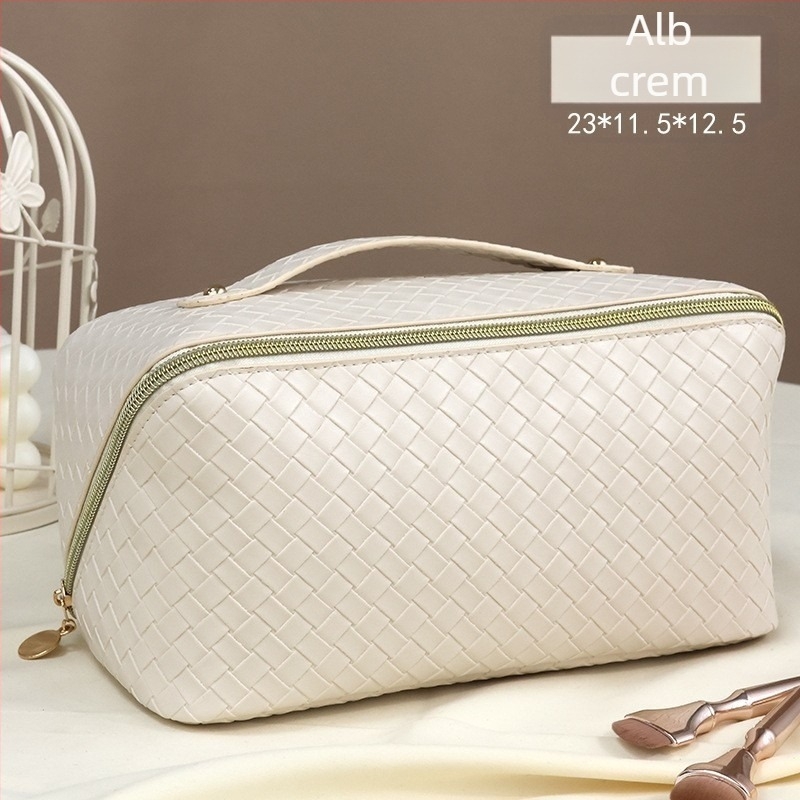 Geantă de machiaj din piele PU cu model geometric, închidere cu fermoar, unisex, geantă de depozitare pentru uz zilnic