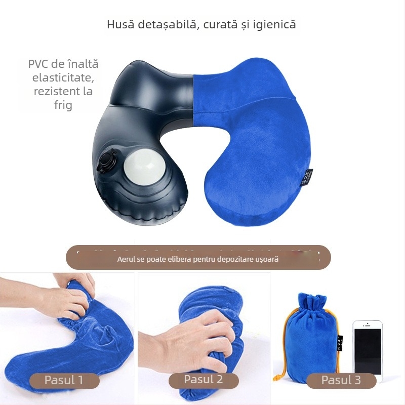 Wanjiayao pernă cervicală în formă de U, detașabilă și lavabilă, perfectă pentru călătorii, umplere cu gaz, material velur