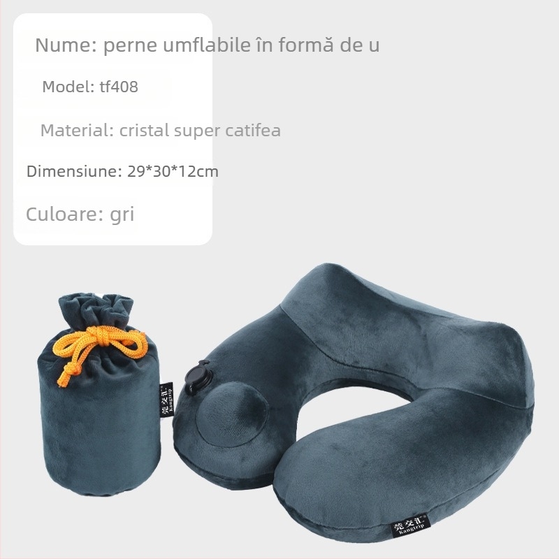 Wanjiayao pernă cervicală în formă de U, detașabilă și lavabilă, perfectă pentru călătorii, umplere cu gaz, material velur