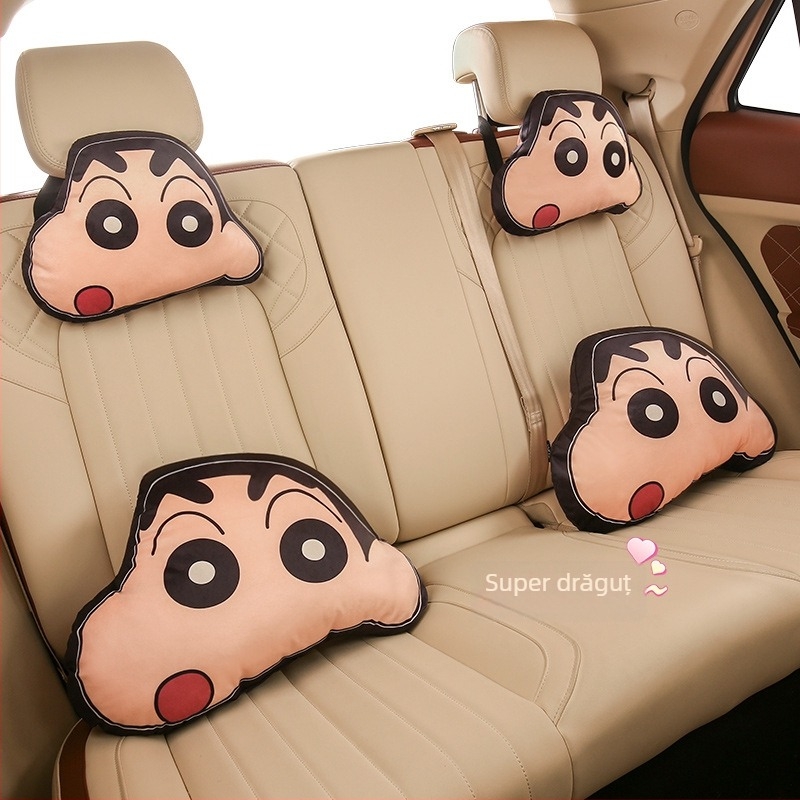 Set de perne pentru cap și lombară pentru mașină cu pernă de gât – stil desen animat, universal pentru toate anotimpurile, exterior pluș artificial, umplutură fibră sintetică