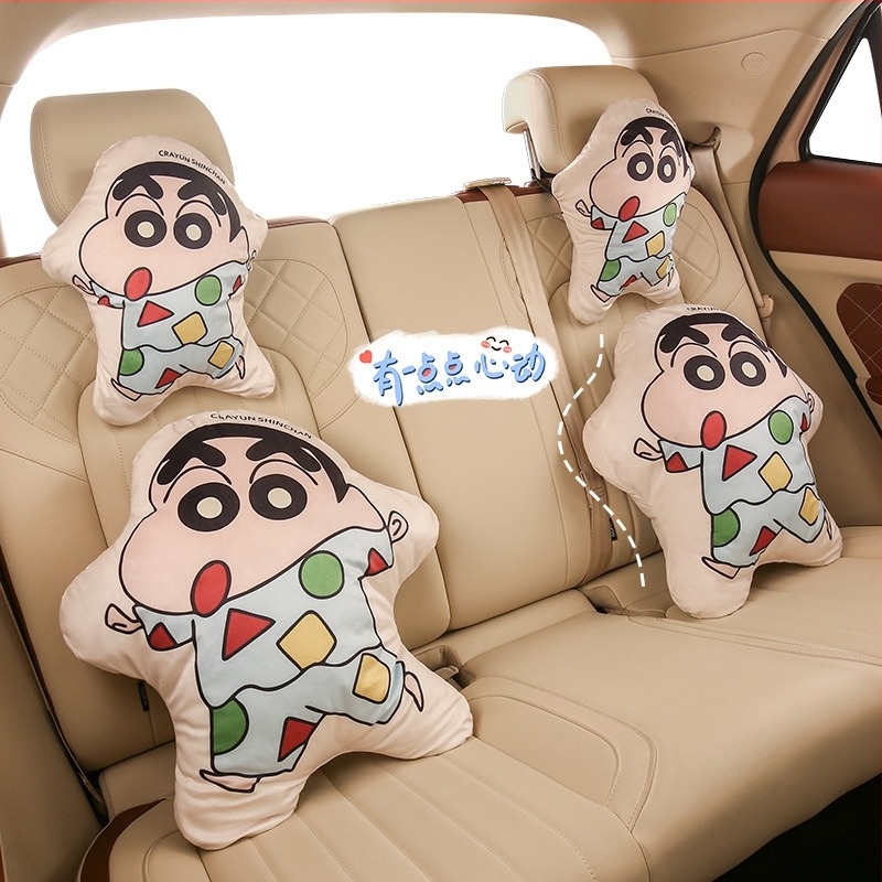 Set de perne pentru cap și lombară pentru mașină cu pernă de gât – stil desen animat, universal pentru toate anotimpurile, exterior pluș artificial, umplutură fibră sintetică