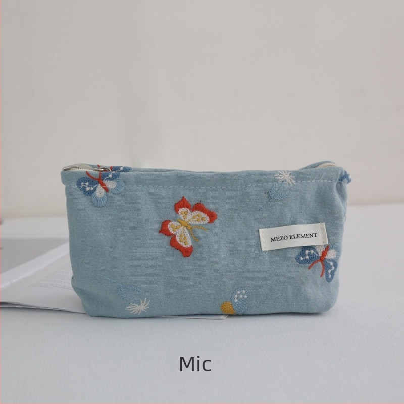 Geantă de cosmetice brodată, model floral, material din bumbac și in, căptușeală din bumbac