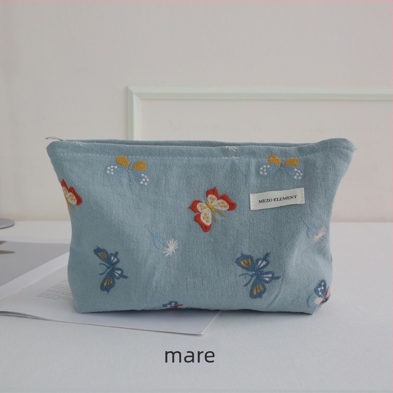 Geantă de cosmetice brodată, model floral, material din bumbac și in, căptușeală din bumbac