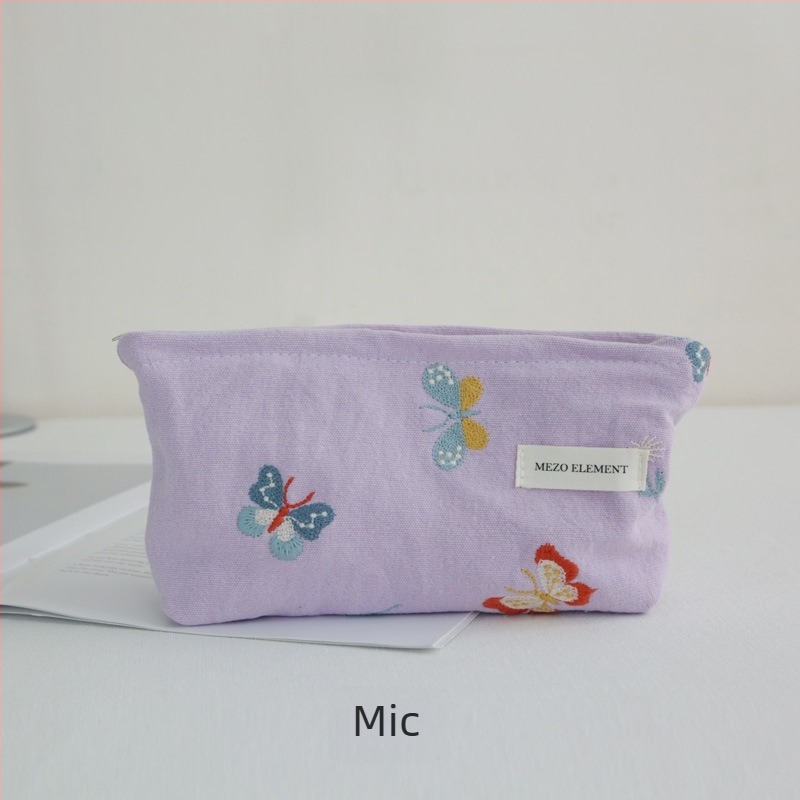 Geantă de cosmetice brodată, model floral, material din bumbac și in, căptușeală din bumbac