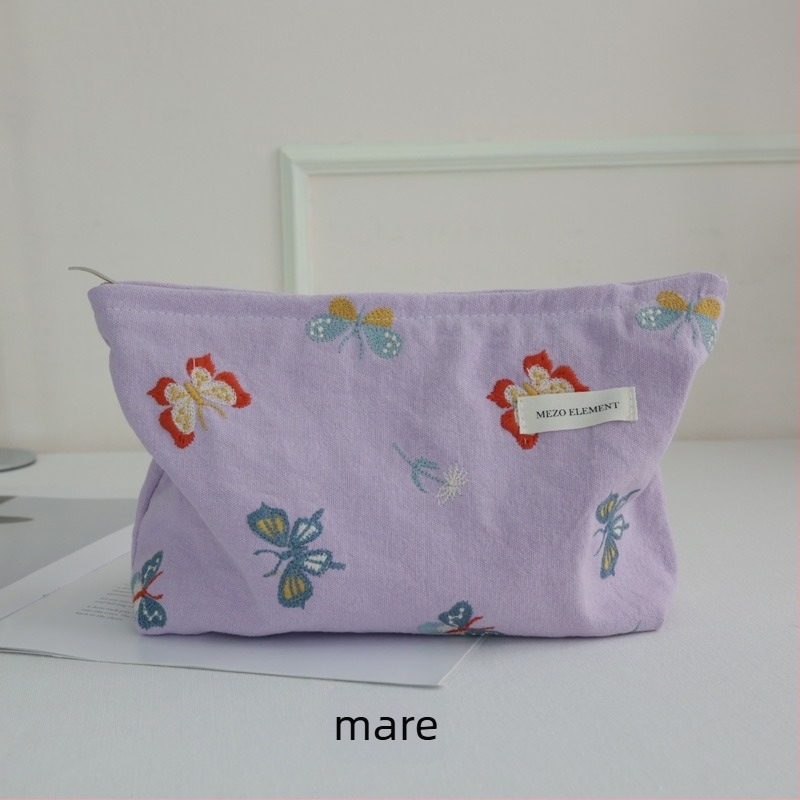 Geantă de cosmetice brodată, model floral, material din bumbac și in, căptușeală din bumbac